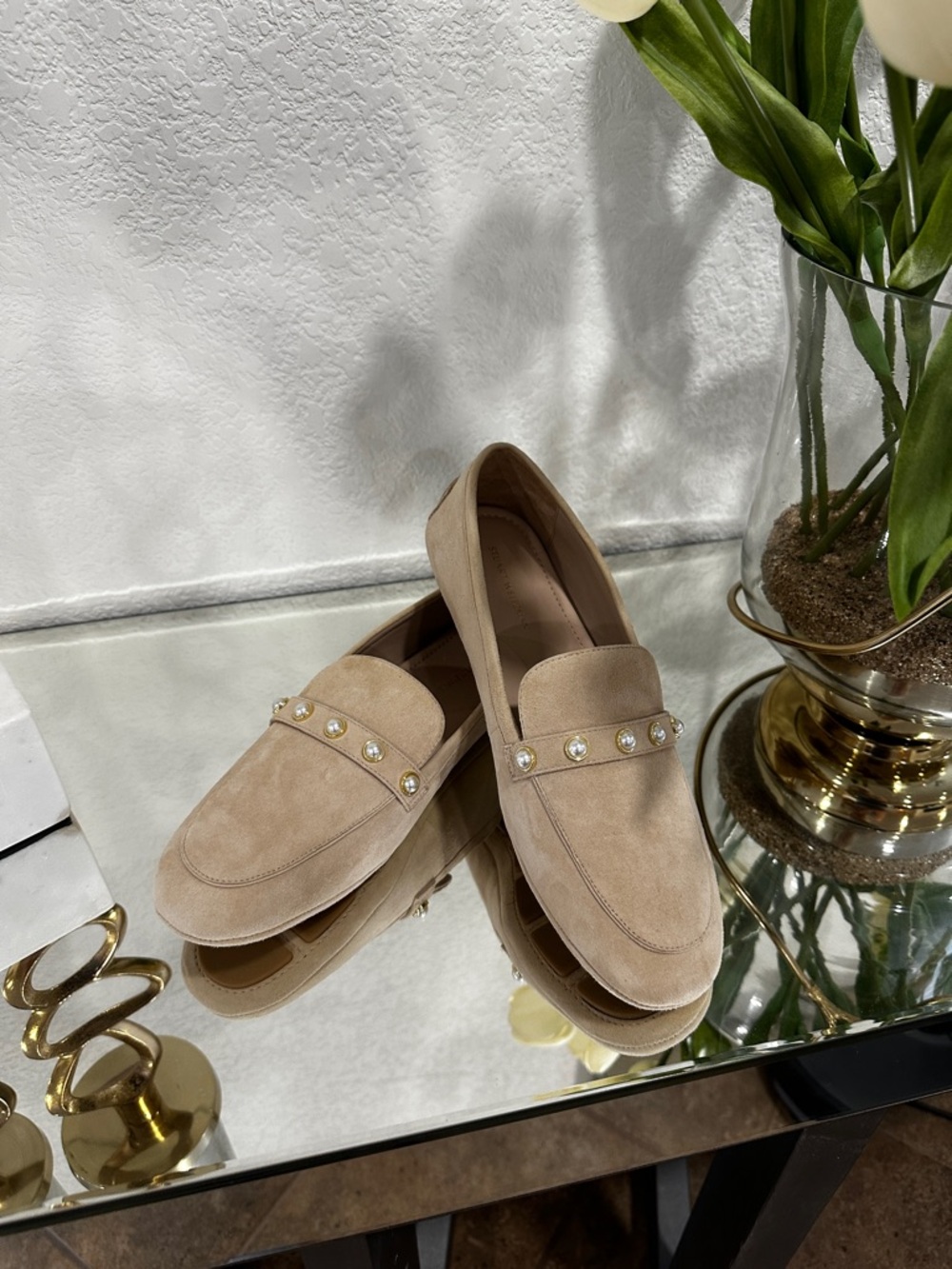 Stuart Weitzman Pearl-Trim Suede Loafers in Beige